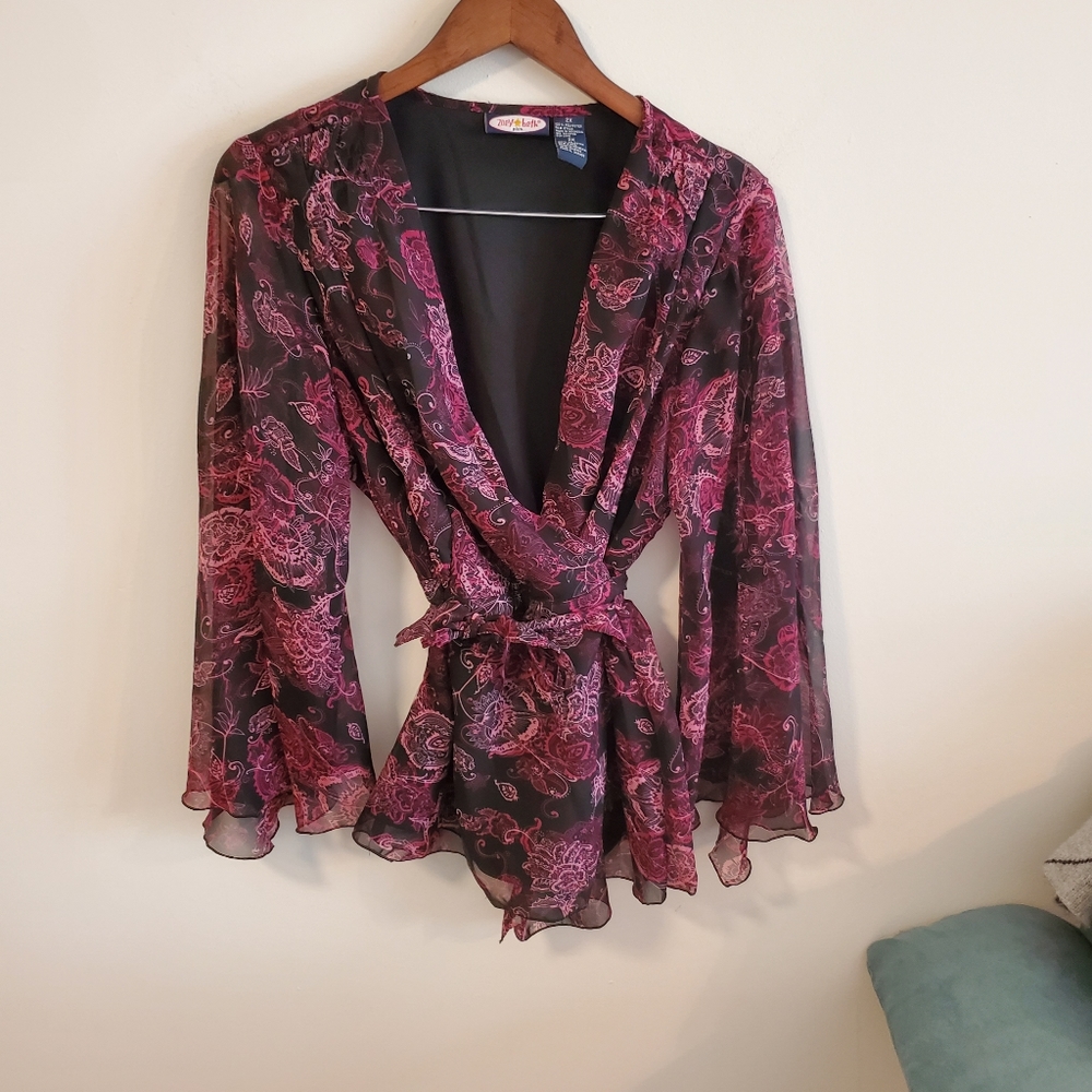 Zoey Beth floral paisley wrap top flare sleeve size 2X black purple bohemian